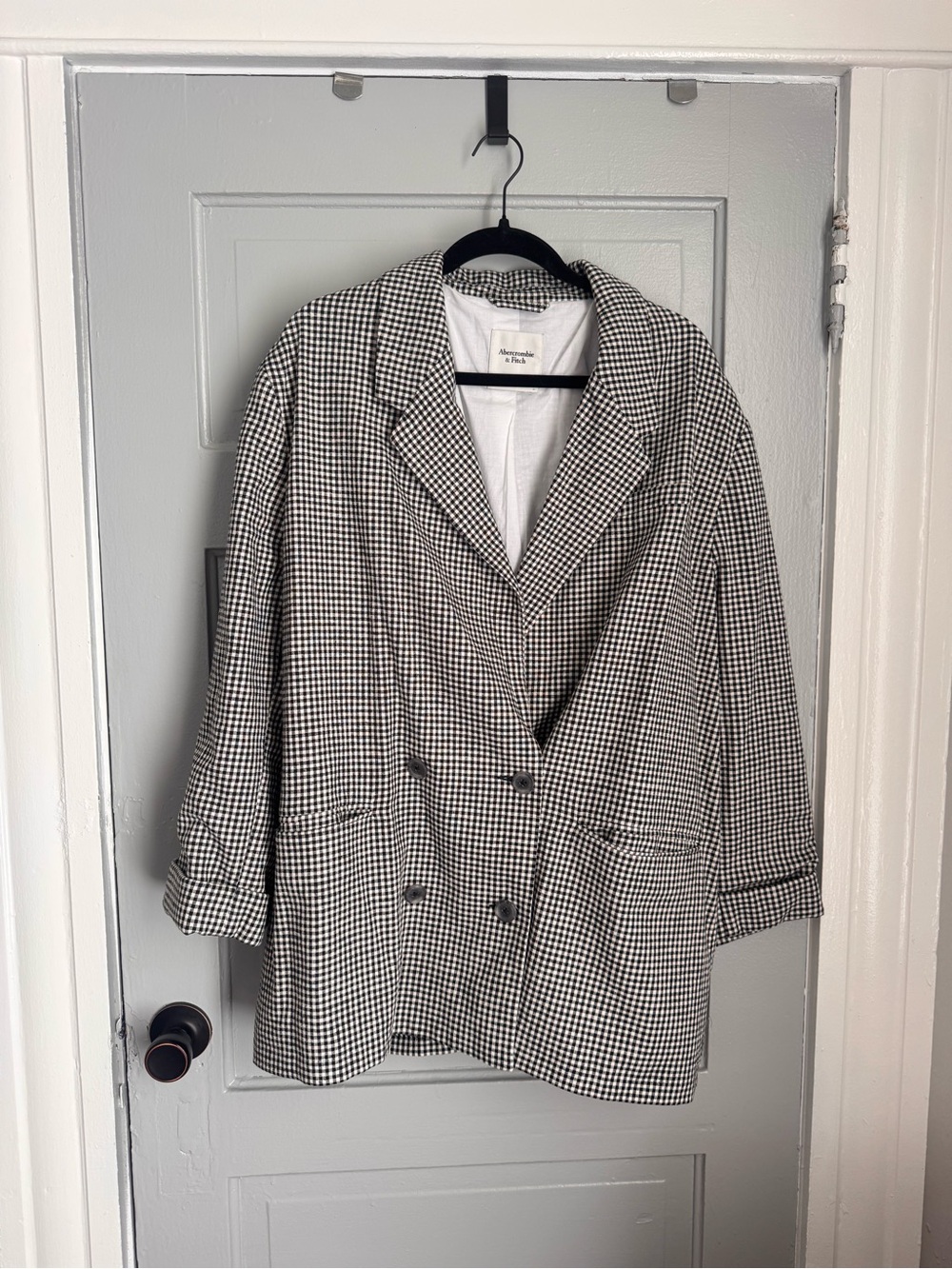 Abercrombie & Fitch Black and White Gingham Double-Breasted Blazer
